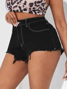 SHEIN SXY Plus High Waist Raw Hem Booty Denim Shorts - Black - View 3