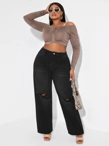 SHEIN Plus Ripped Straight Leg Jeans - Black - View 3