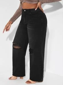 SHEIN Plus Ripped Straight Leg Jeans - Black - View 4