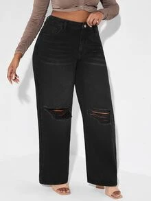 SHEIN Plus Ripped Straight Leg Jeans - Black - View 5