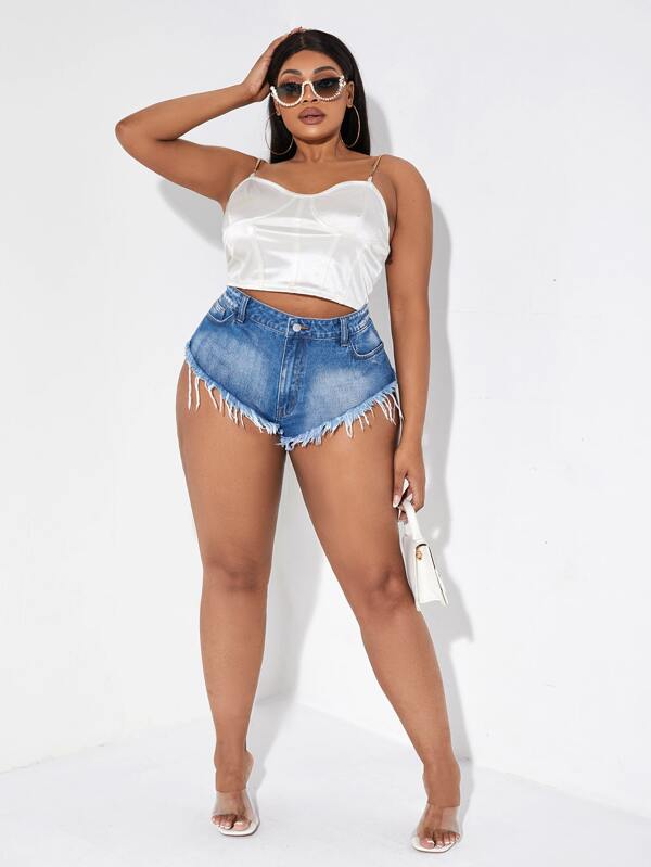 SHEIN SXY Plus Raw Cut Washed Booty Denim Shorts SHEIN USA