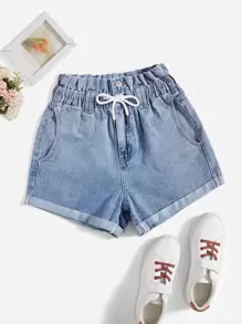 Paperbag Waist Roll Up Hem Drawstring Denim Shorts - Light Wash - View 1