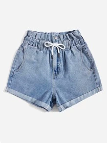 Paperbag Waist Roll Up Hem Drawstring Denim Shorts - Light Wash - View 3