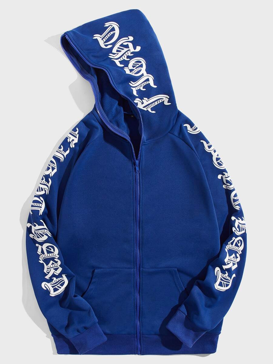 Manfinity EMRG Men Letter Graphic Raglan Sleeve Zip Up Hoodie - Blue - View 1