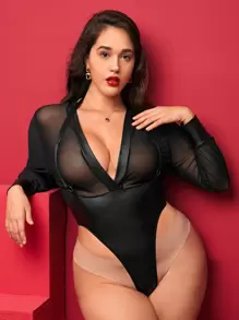 Plus Sheer Mesh Teddy Bodysuit Without Panty - Black - View 1