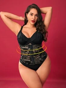 Plus Floral Lace Waist Trainer - Black - View 4