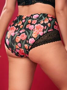 Plus Floral Print Contrast Lace Panty - Multicolor - View 2