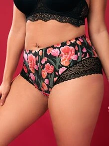 Plus Floral Print Contrast Lace Panty - Multicolor - View 5