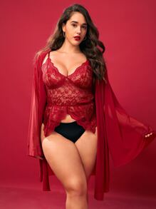 Plus Floral Lace Scallop Trim Slips With Belted Robe - Burgundy - View 1