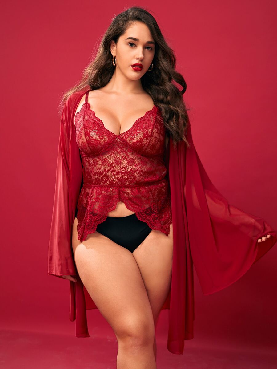 Plus Floral Lace Scallop Trim Slips With Belted Robe - Burgundy - View 1