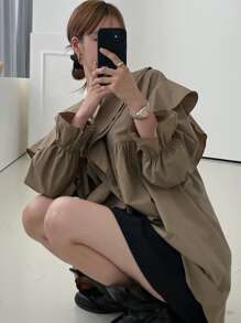 DAZY Blusa Con Mangas Con Vuelo Y Volantes Decorativos - Caqui - Ver 4