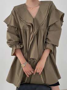 DAZY Blusa Con Mangas Con Vuelo Y Volantes Decorativos - Caqui - Ver 7