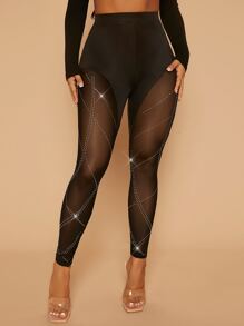 SHEIN SXY Rhinestone Detail Mesh Insert Leggings - Black - View 1