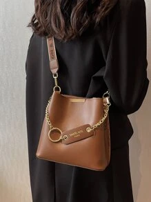 Bolso cubo con estampado de letra con diseño de cadena - Marrón - Ver 5