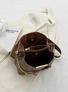 Bolso cubo con estampado de letra con diseño de cadena - Marrón - Ver 6