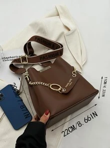 Bolso cubo con estampado de letra con diseño de cadena - Marrón - Ver 7