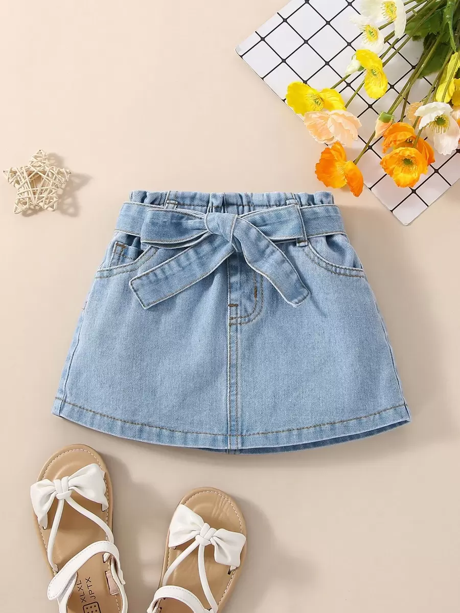 SHEIN Young Girl Slant Pocket Belted Denim Skirt - Light Wash - View 1