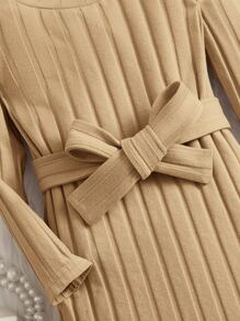 SHEIN Bebé Vestido con cinturón tejido de canalé - Caqui - Ver 3