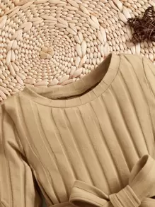 SHEIN Bebé Vestido con cinturón tejido de canalé - Caqui - Ver 4