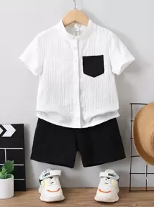 小男童補丁貼口袋襯衫和短褲