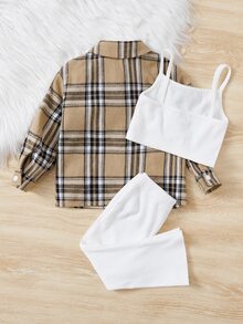 SHEIN Baby Plaid Print Shirt And Cami Top & Flare Leg Trousers - White - View 2
