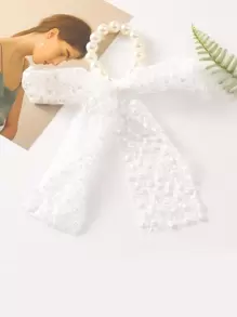 Floral Embroidered Faux Pearl & Bow Decor Scarf Hair Tie - White - View 1