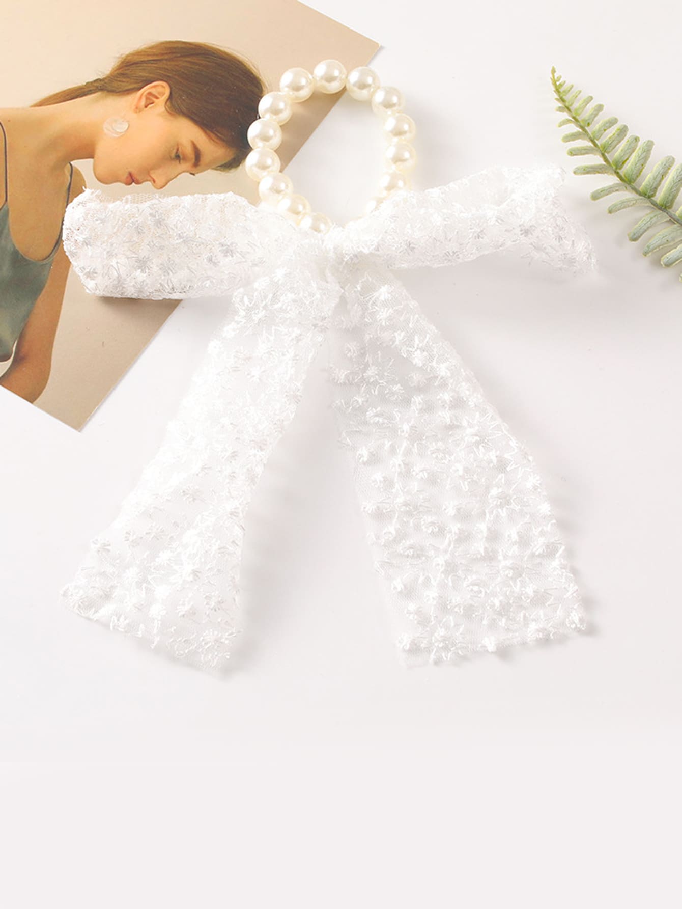 Floral Embroidered Faux Pearl & Bow Decor Scarf Hair Tie - White - View 1