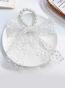 Floral Embroidered Faux Pearl & Bow Decor Scarf Hair Tie - White - View 2