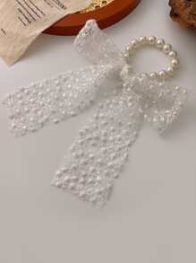 Floral Embroidered Faux Pearl & Bow Decor Scarf Hair Tie - White - View 3
