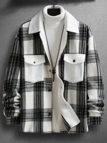 Manfinity Homme Men Plaid Print Flap Pocket Jacket Without Jumper - Black and White - View 1