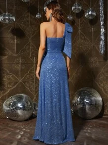 One Shoulder Bow Shoulder Split Thigh Sequin Formal Dress