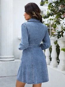 Button Front Belted Denim Dress - Medium Wash - View 2