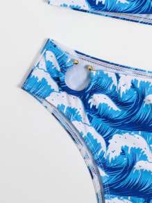 海浪印花環狀夏季沙灘比基尼套裝 - 藍白色 - 查看 3