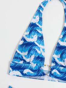 海浪印花環狀夏季沙灘比基尼套裝 - 藍白色 - 查看 4