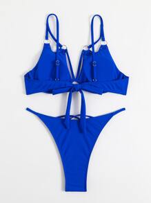 環型鋼圈連接平口泳衣套裝，適用於夏季海灘 - 寶藍色 - 查看 5