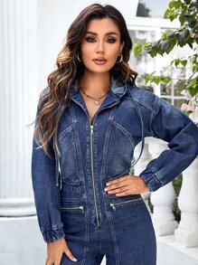 Zip Up Hooded Denim Jumpsuit - Dark Wash - View 3