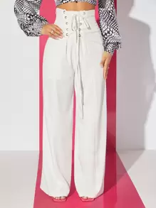 SHEIN SXY Lace Up Front Wide Leg Trousers - White - View 1
