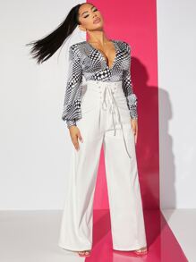 SHEIN SXY Lace Up Front Wide Leg Trousers - White - View 4