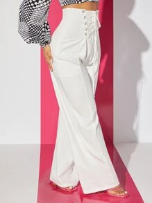 SHEIN SXY Lace Up Front Wide Leg Trousers - White - View 5