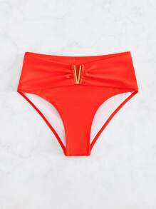 夏季纯色 V 形环高腰比基尼泳裤 - 橘色 - 查看 3