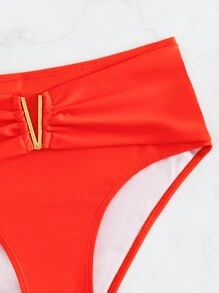 夏季纯色 V 形环高腰比基尼泳裤 - 橘色 - 查看 6