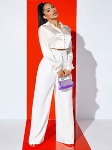 SHEIN SXY Solid Button Front Crop Satin Shirt - White - View 5