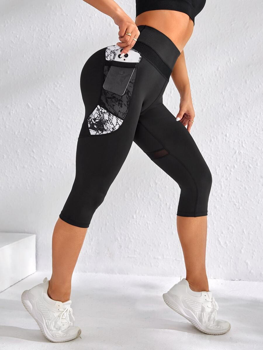 Marble Print Contrast Mesh Phone Pocket Sports Leggings - Black - View 1