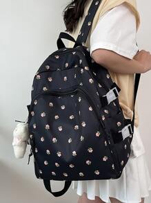 小碎花印花功能背包，帶卡通魅力書包，適合研究生、青少年女孩、新生、大二、初中和高中生、大學和高中，非常適合戶外、旅行和返校輕便、便攜式 - 黑色 - 查看 1