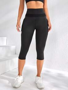 Marble Print Contrast Mesh Phone Pocket Sports Leggings - Black - View 4