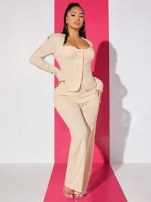 SHEIN SXY Button Front Top & Flare Leg Trousers - Apricot - View 4