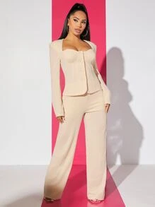 SHEIN SXY Button Front Top & Flare Leg Trousers - Apricot - View 5