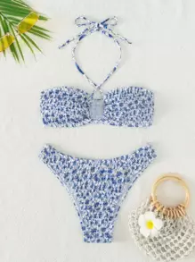 SHEIN X Sofía Suescun SHEIN Swim 夏季海灘小花卉印花露背束繩領比基尼套裝 - 彩色 - 查看 1