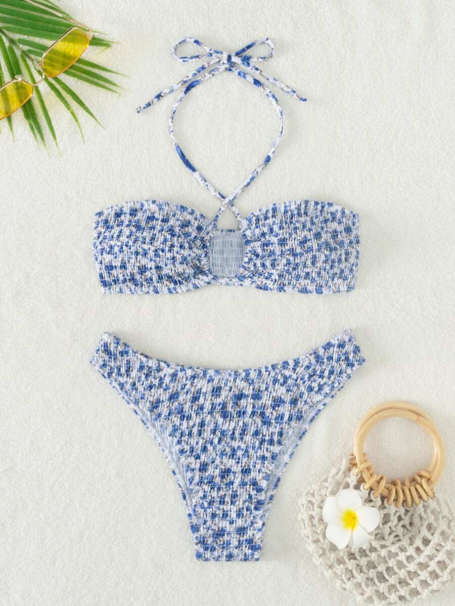 SHEIN X Sofía Suescun SHEIN Swim 夏季海灘小花卉印花露背束繩領比基尼套裝 - 彩色 - 查看 1