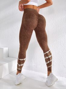 Yoga Trendy Denim mùa giặt Nhuộm buộc Xà cạp yoga Scrunch Butt Kiểm soát bụng Điền kinh Quần tất - màu nâu - Xem 1